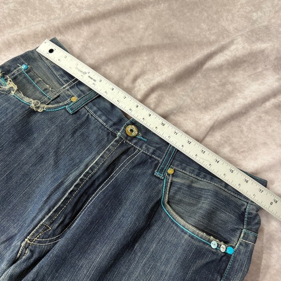 Vintage Y2K Enyce Denim Baggy Raw Hem Blue Logo Embroidered Jeans Men's Size 34‎ - Picture 4 of 10
